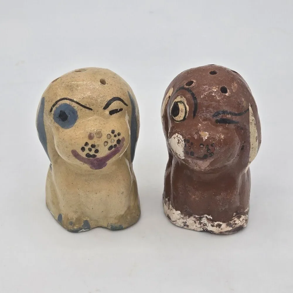 Vintage Dog Puppy Salt and Pepper Shakers Mexican Pottery